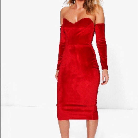 MIDI length strapless Red Velvet Dress - Picture 2 of 3